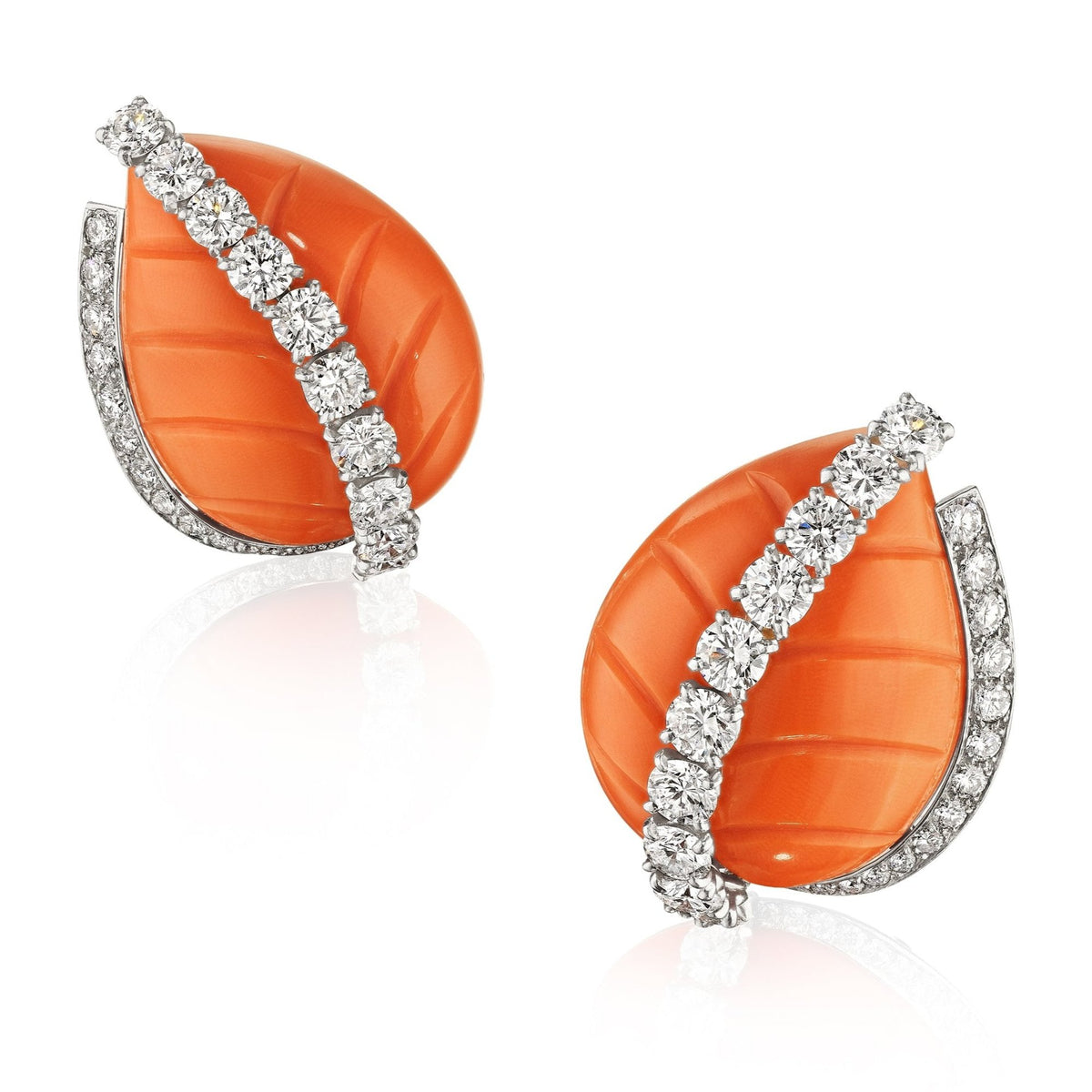 Pair of Coral and Diamond Leaf Ear Clips by Cartier, Paris, circa 1955