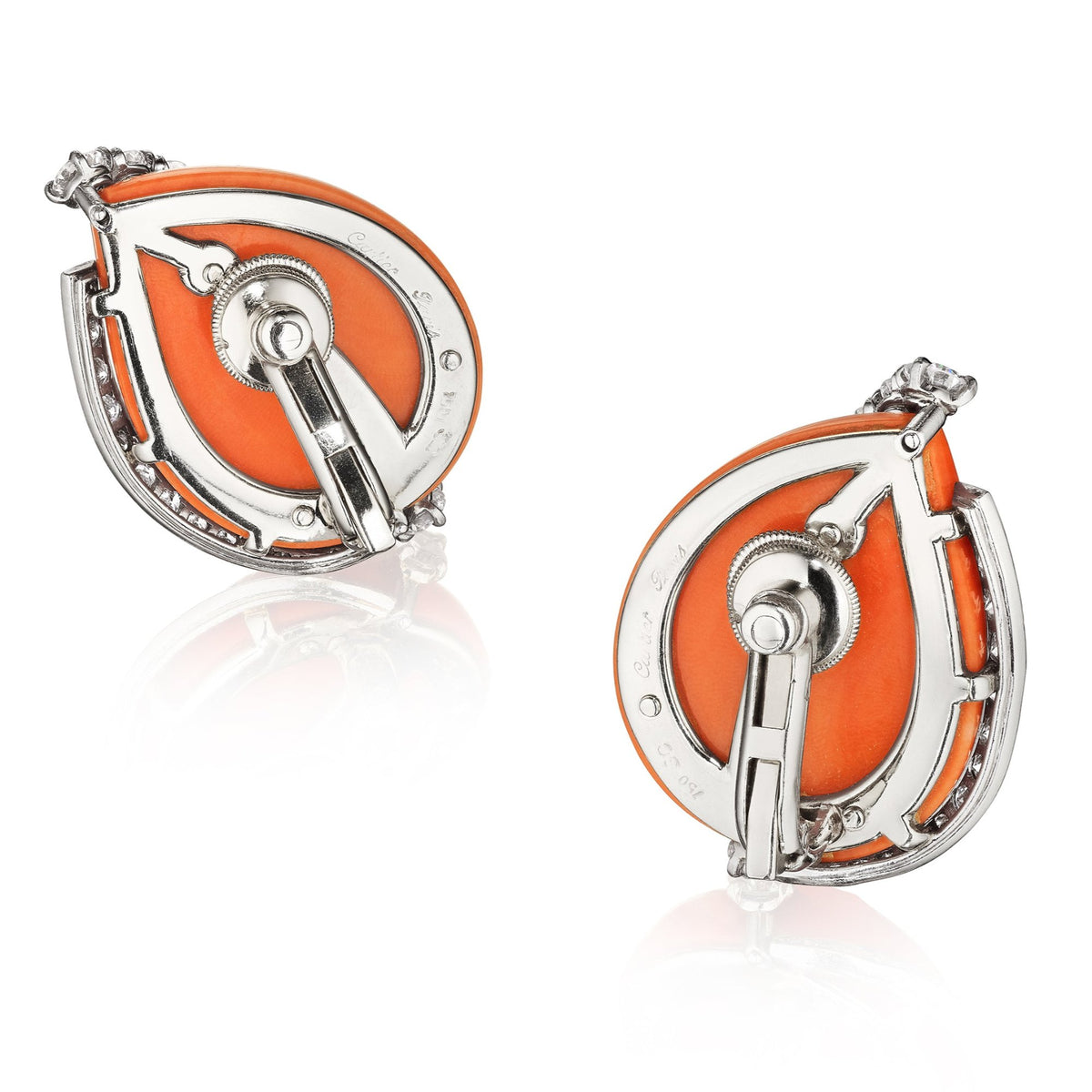 Pair of Coral and Diamond Leaf Ear Clips by Cartier, Paris, circa 1955