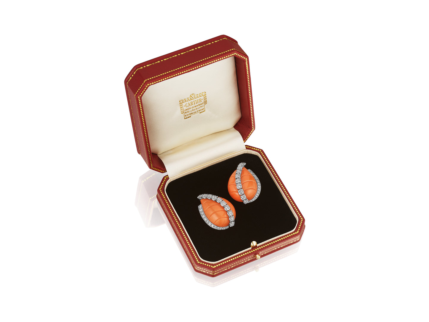 Pair of Coral and Diamond Leaf Ear Clips by Cartier, Paris, circa 1955