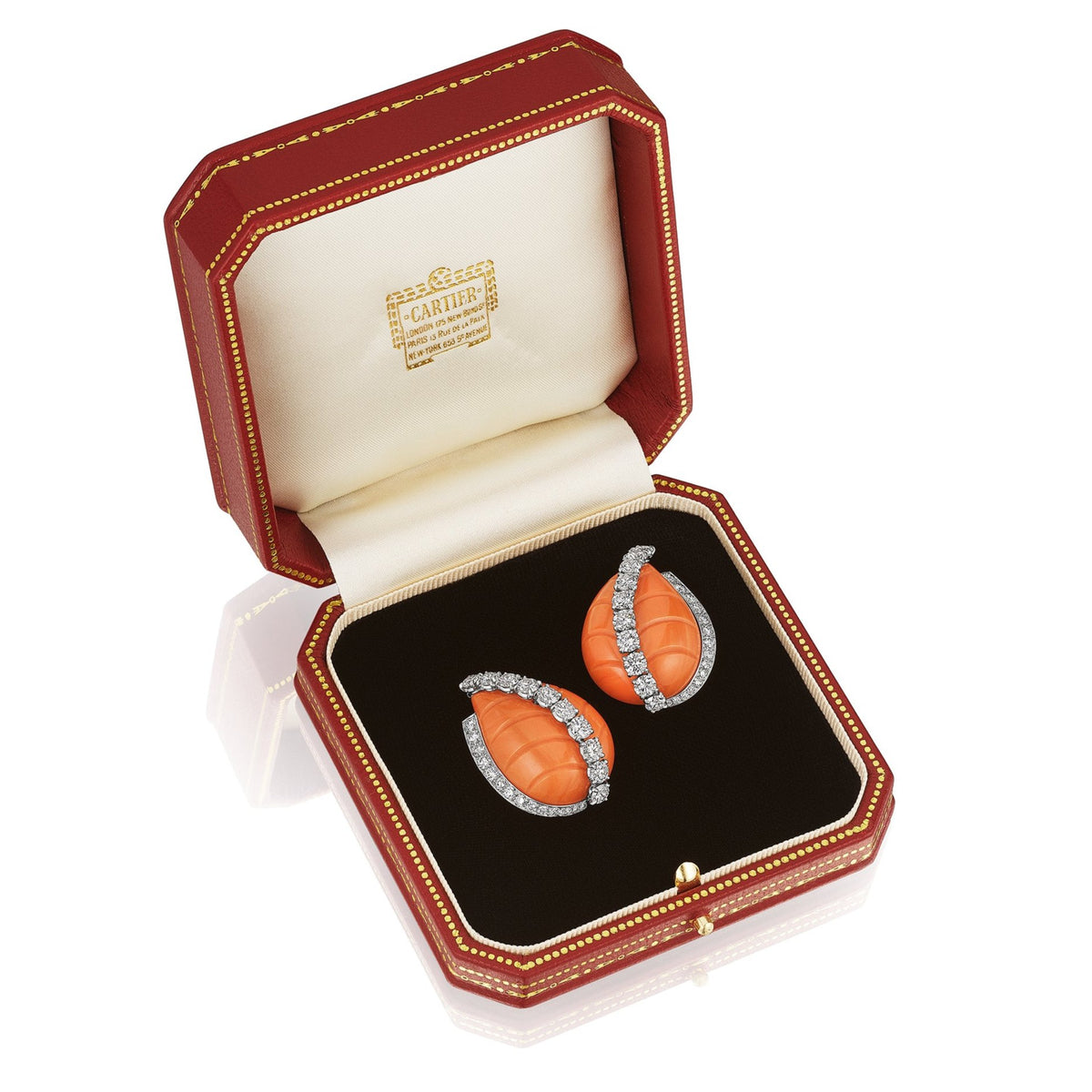 Pair of Coral and Diamond Leaf Ear Clips by Cartier, Paris, circa 1955