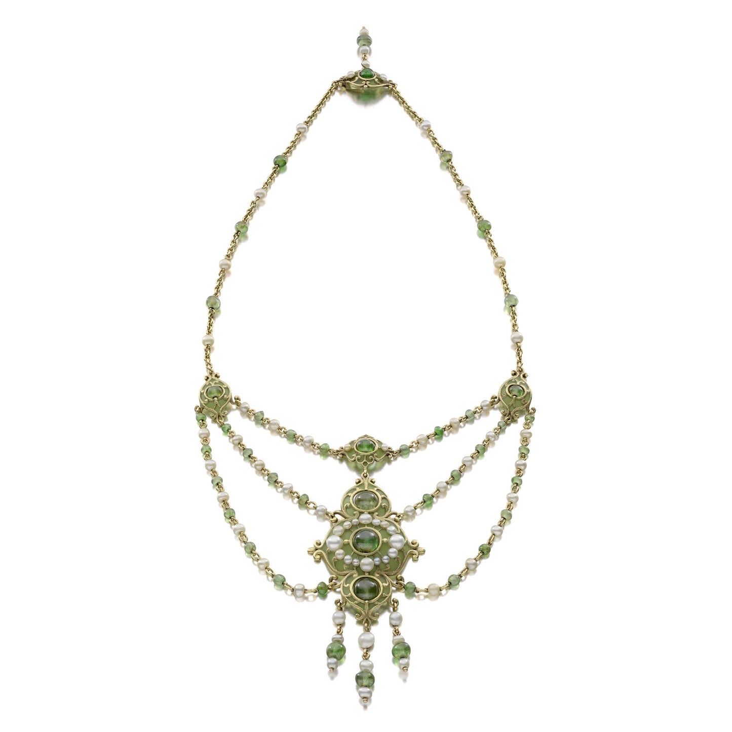ARTS AND CRAFTS PEARL, DEMANTOID GARNET, AND PLIQUE-À-JOUR ENAMEL NECKLACE BY MARCUS & CO., NEW YORK, CIRCA 1900