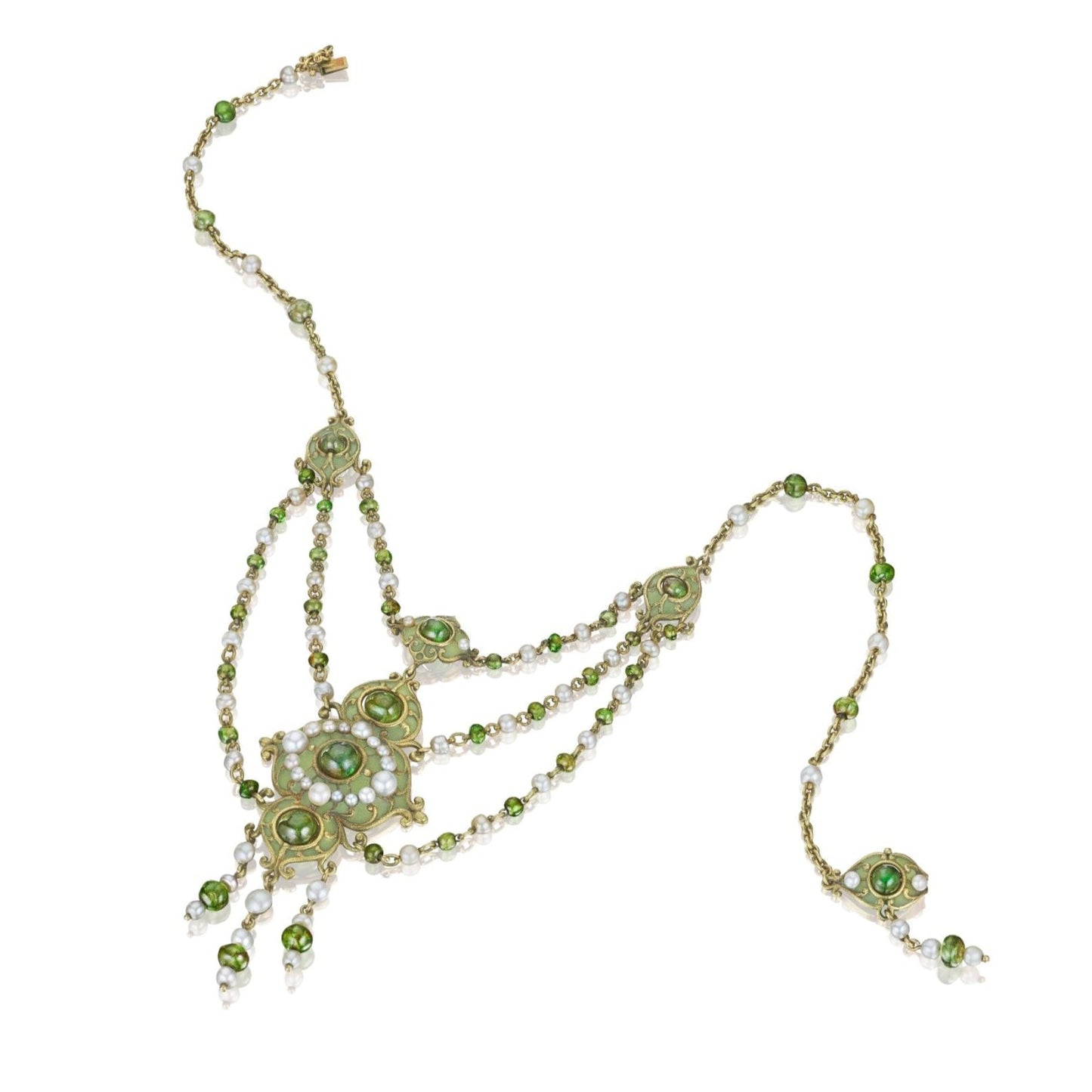 ARTS AND CRAFTS PEARL, DEMANTOID GARNET, AND PLIQUE-À-JOUR ENAMEL NECKLACE BY MARCUS & CO., NEW YORK, CIRCA 1900