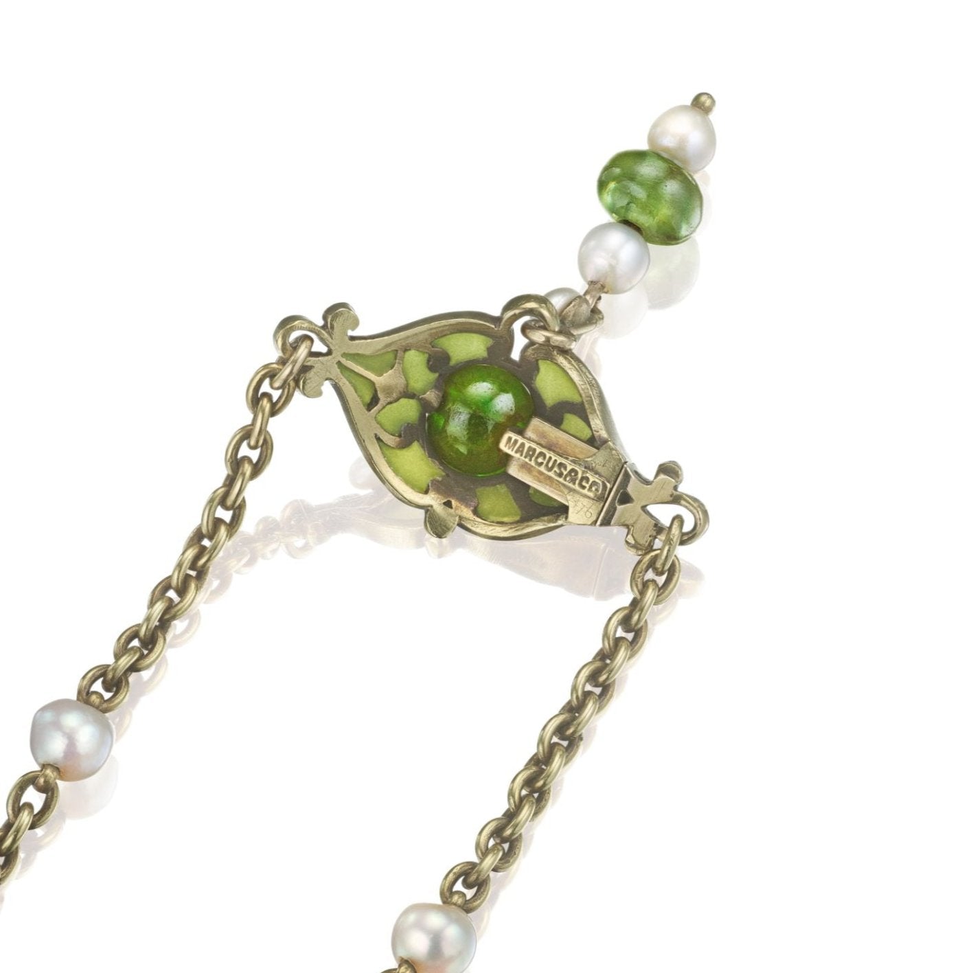 ARTS AND CRAFTS PEARL, DEMANTOID GARNET, AND PLIQUE-À-JOUR ENAMEL NECKLACE BY MARCUS & CO., NEW YORK, CIRCA 1900