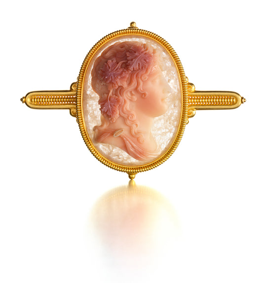 ARCHAEOLOGICAL  REVIVAL  GOLD  AND  CHALCEDONY  CAMEO  BROOCH BY  CASTELLANI,  ROME,  CIRCA  1880