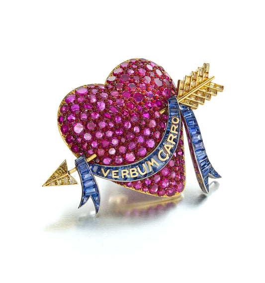 THE  MILLICENT  ROGERS  HEART:  A  RUBY,  SAPPHIRE,  YELLOW  DIAMOND, AND  ENAMEL  BROOCH  BY  PAUL  FLATO,  NEW  YORK,  CIRCA  1938