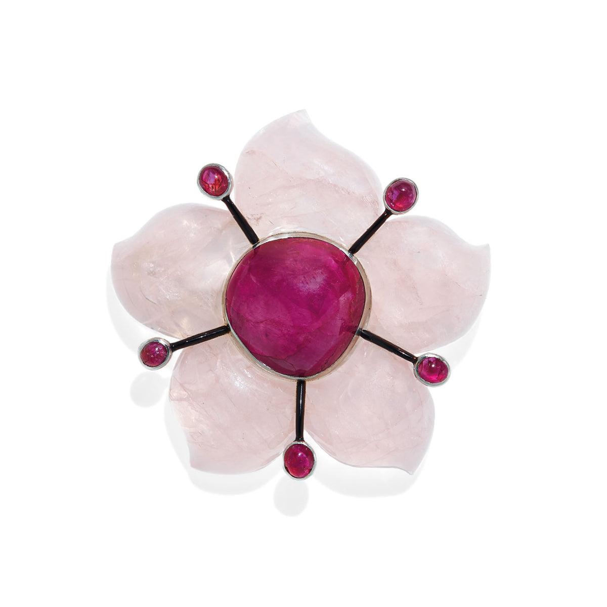 RUBY, ROSE QUARTZ, AND ENAMEL “FLEUR” BROOCH BY SUZANNE BELPERRON, PARIS, CIRCA 1936