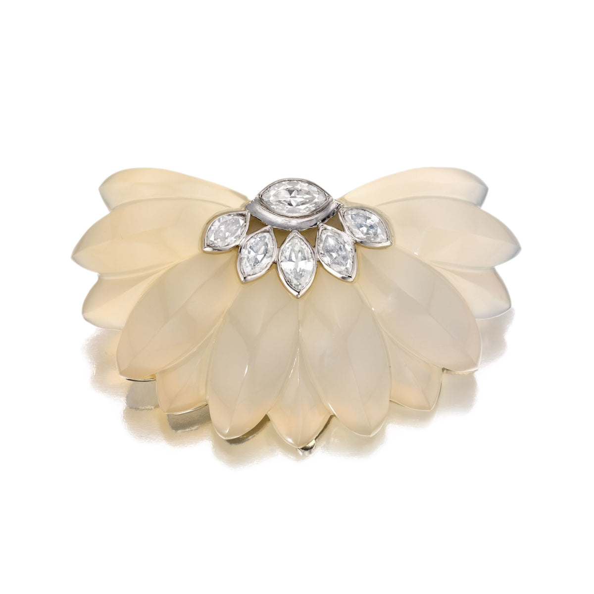 ART MODERNE CHALCEDONY AND DIAMOND DEMI-MARGUERITE BROOCH BY SUZANNE BELPERRON, PARIS, CIRCA 1945