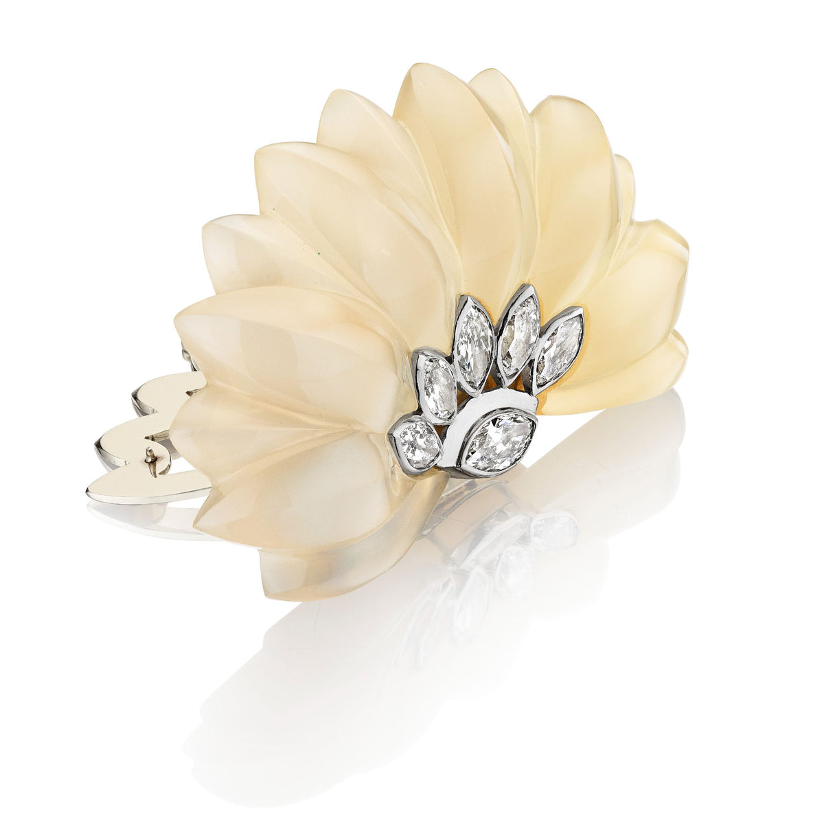 ART MODERNE CHALCEDONY AND DIAMOND DEMI-MARGUERITE BROOCH BY SUZANNE BELPERRON, PARIS, CIRCA 1945