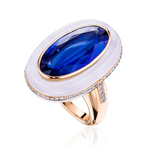SAPPHIRE, CHALCEDONY, AND DIAMOND RING BY SIEGELSON, NEW YORK