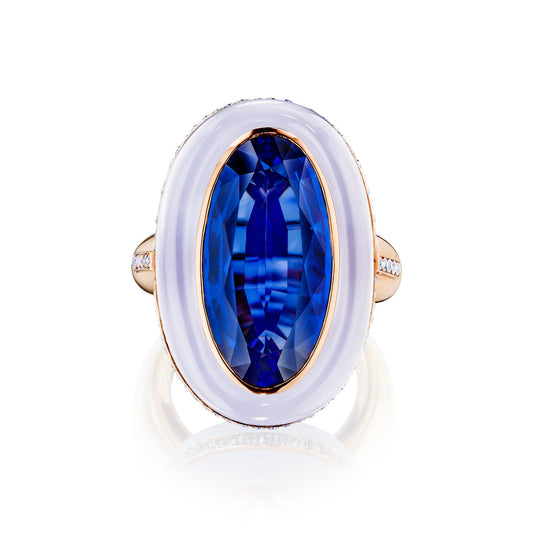 SAPPHIRE, CHALCEDONY, AND DIAMOND RING BY SIEGELSON, NEW YORK