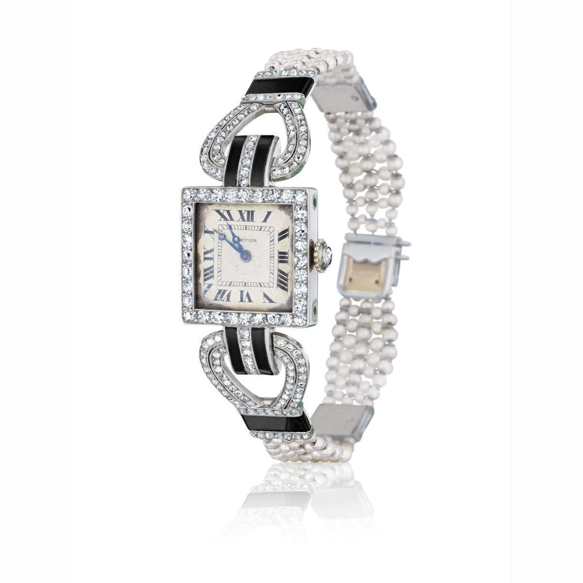 ART DECO DIAMOND, PEARL, AND ONYX WATCH BY CARTIER, PARIS, CIRCA 1920