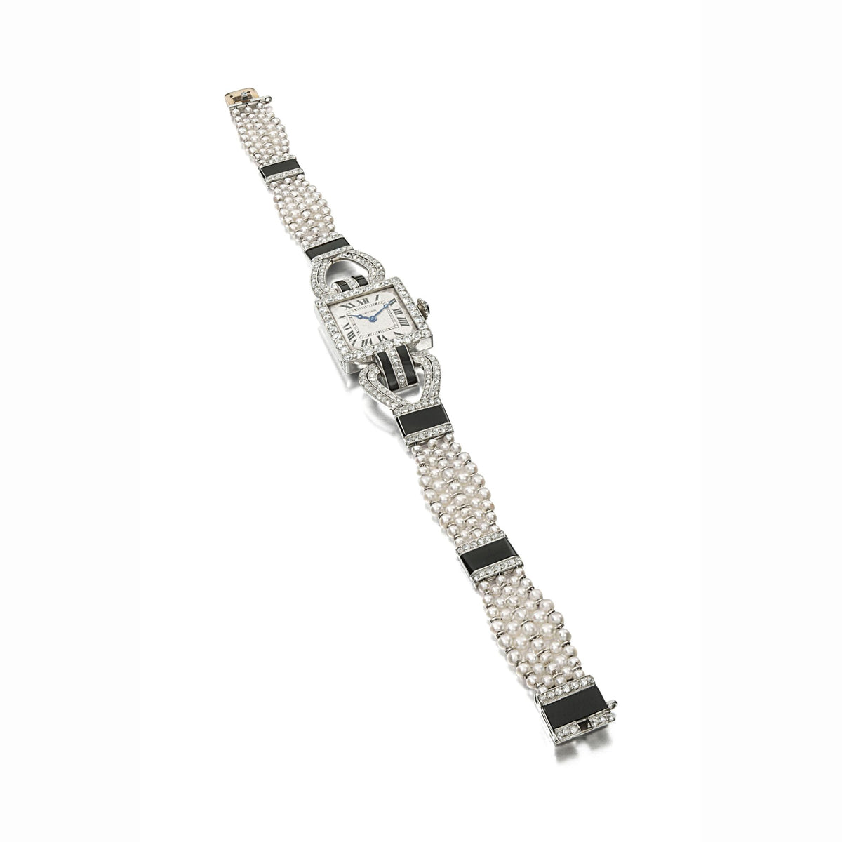ART DECO DIAMOND, PEARL, AND ONYX WATCH BY CARTIER, PARIS, CIRCA 1920