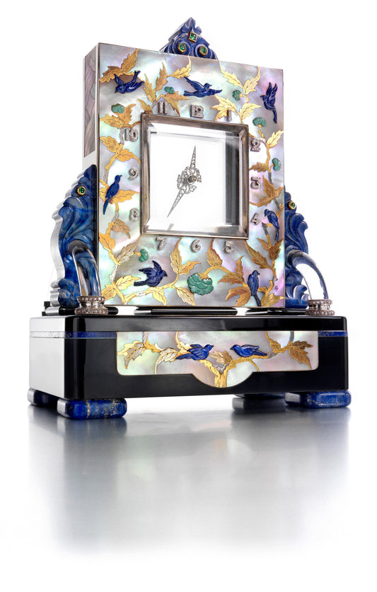 ART  DECO  GEM-SET  AND  MOTHER-OF-PEARL  CHINOISERIE  MYSTERY  CLOCK  BY  PIERRE  GRAVOIN,  PARIS,  FOR  BLACK,  STARR  &  FROST,  NEW  YORK,  CIRCA  1931,  MOSAIC  BY  VLADIMIR  MAKOVSKY