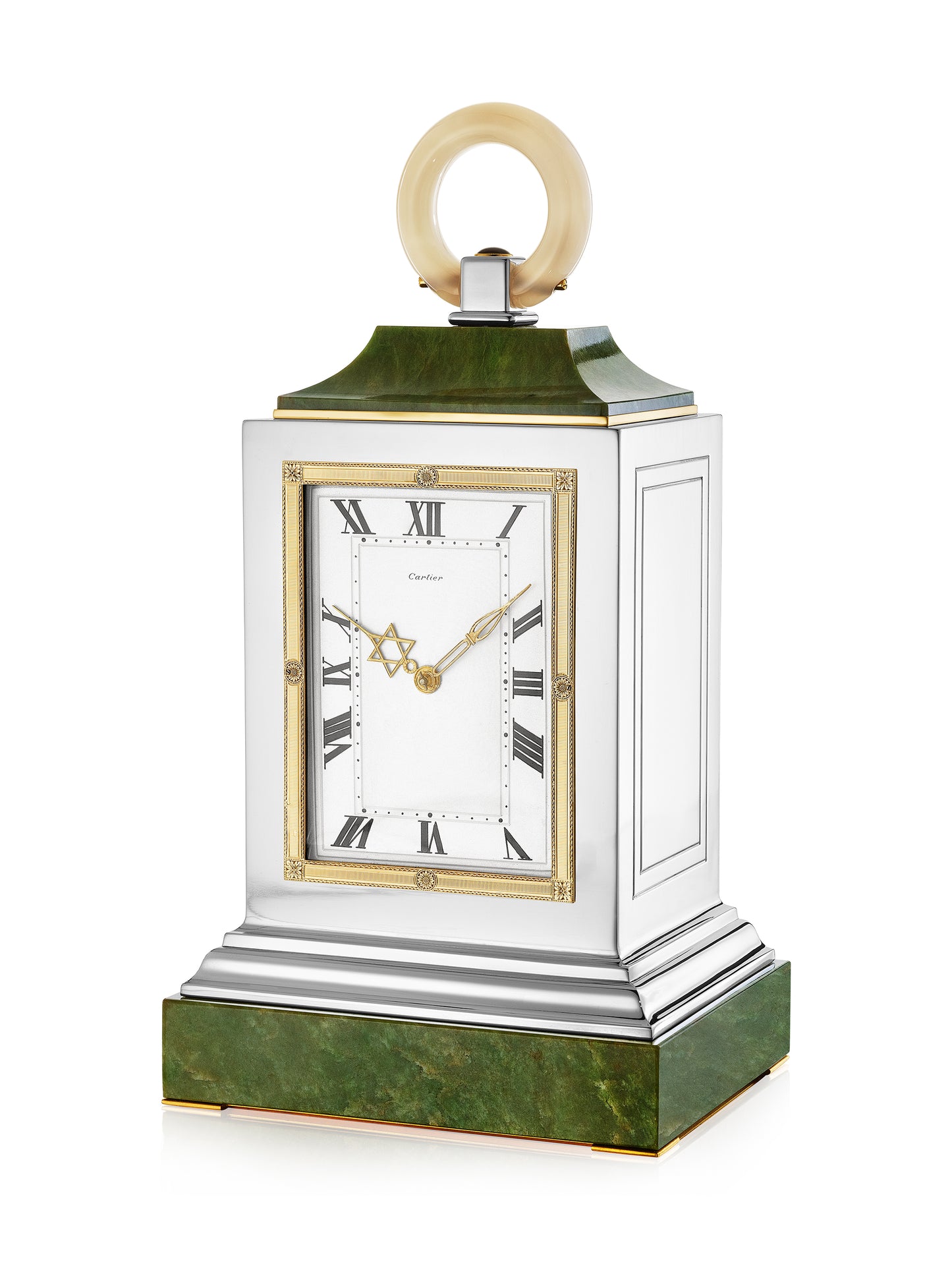 Art Deco Nephrite, Chalcedony, Sterling Silver and Gold Clock by Cartier, Paris, circa 1920, Manufactured by Maurice Couet