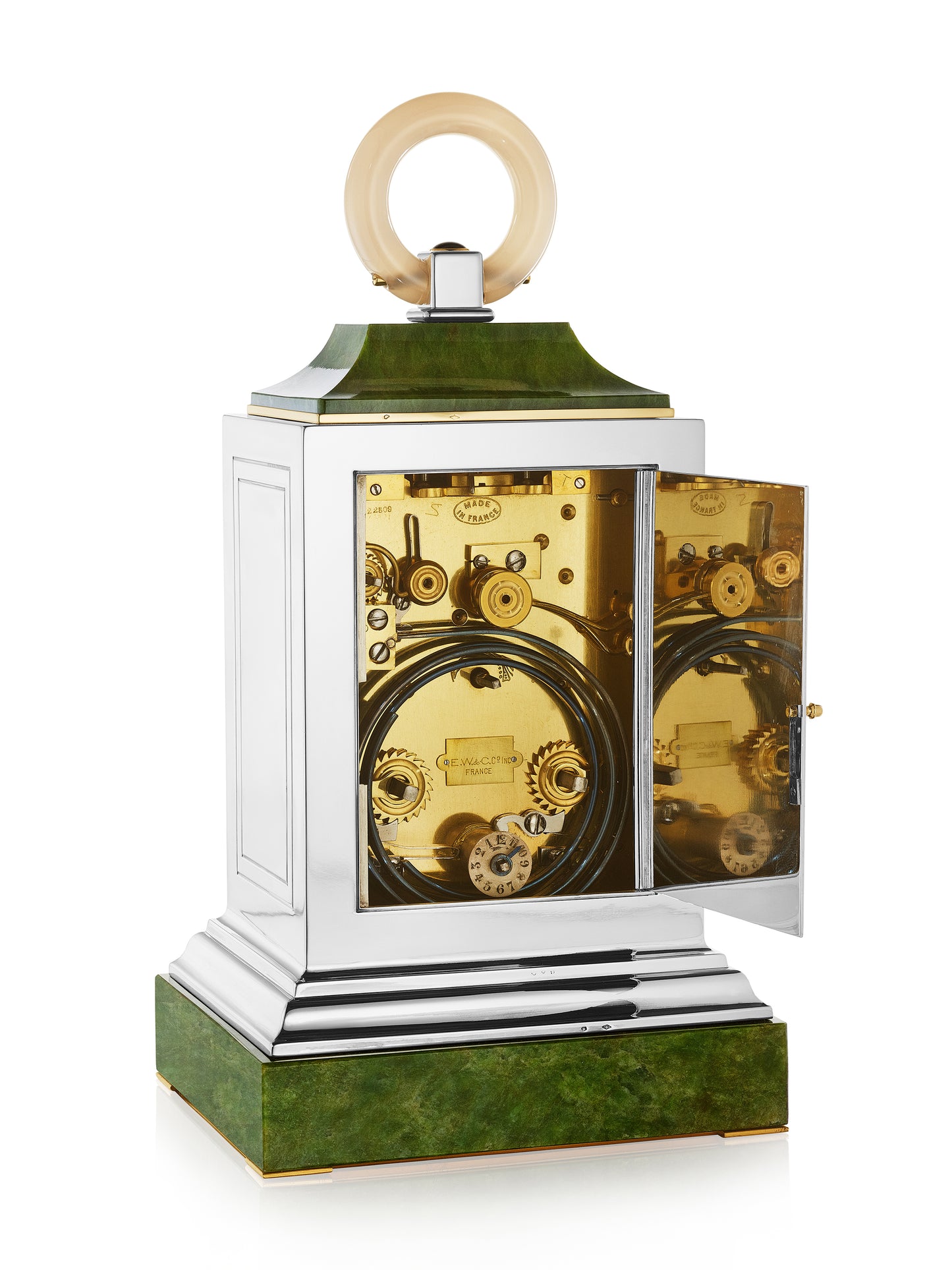 Art Deco Nephrite, Chalcedony, Sterling Silver and Gold Clock by Cartier, Paris, circa 1920, Manufactured by Maurice Couet