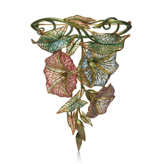 GOLD AND PLIQUE-À-JOUR ENAMEL MORNING GLORY PENDANT BROOCH BY MARCUS & CO., NEW YORK, CIRCA 1900